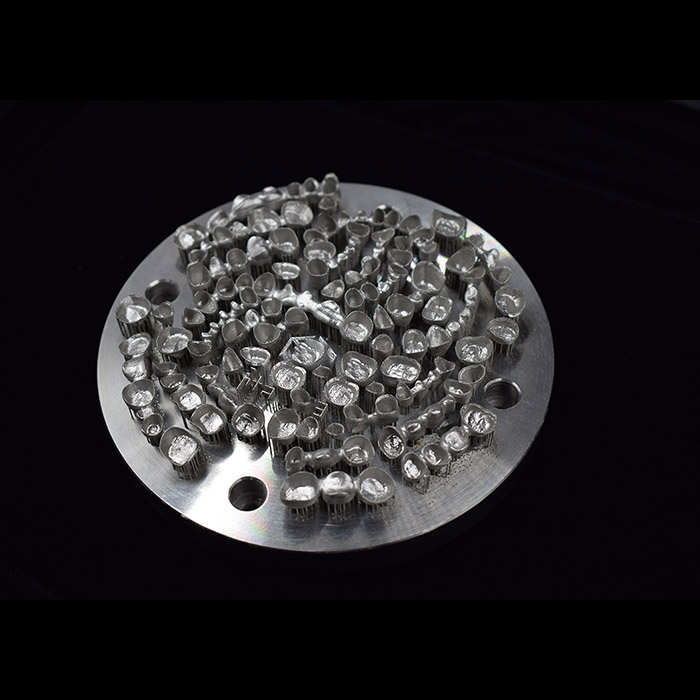 Metal 3D printed crowns on plate